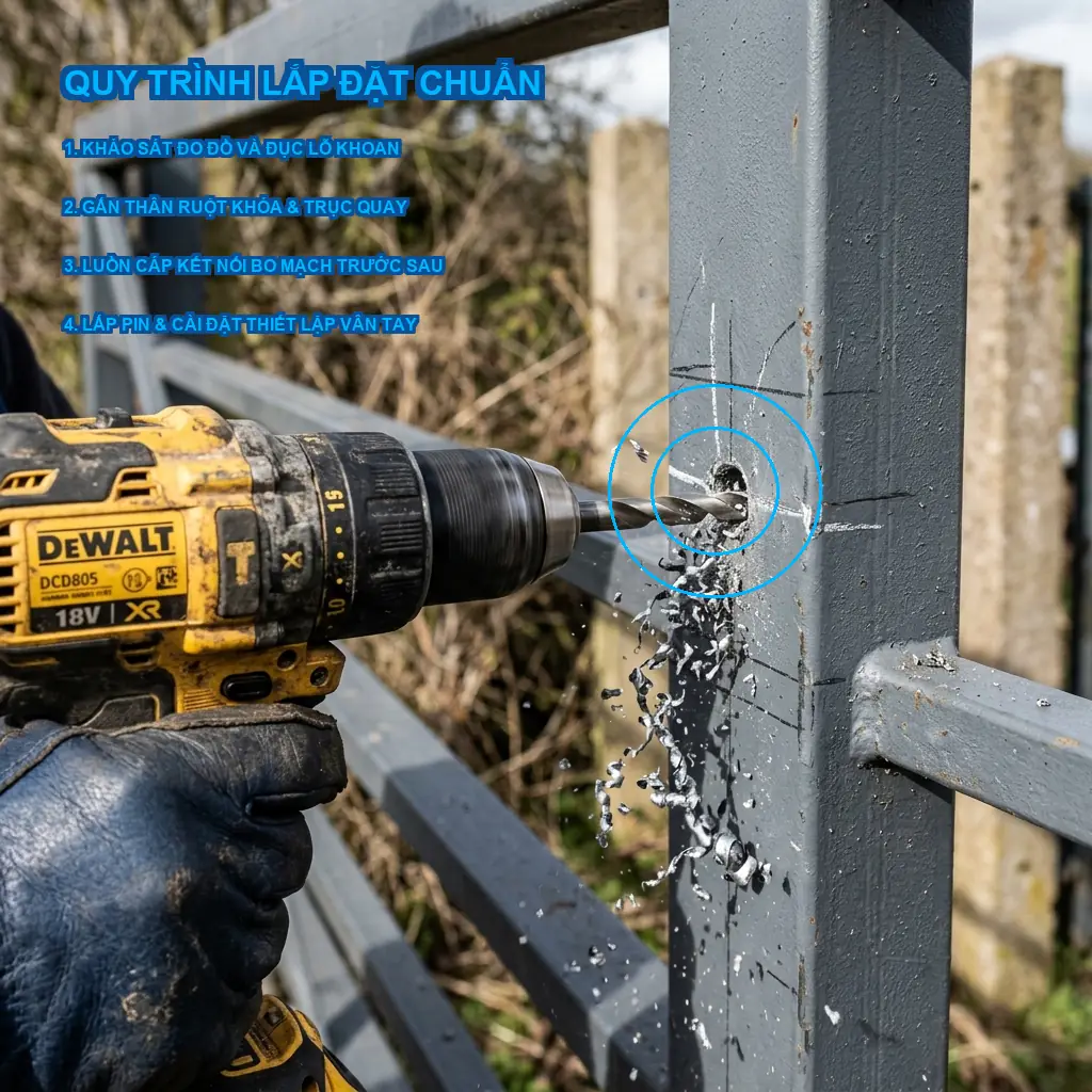Quy trình các bước cách lắp khóa vân tay cho cổng sắt hộp tại nhà